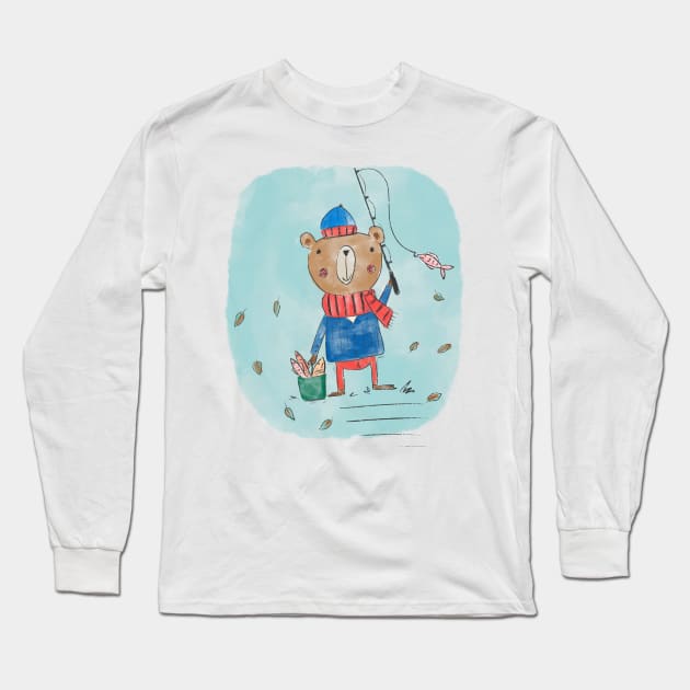 Fishing Bear cartoon Long Sleeve T-Shirt by Guncha Kumar